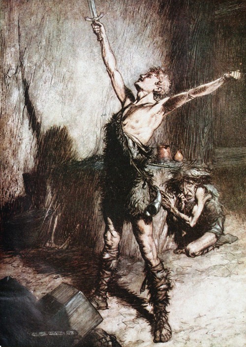 Siegfried forges his sword. Illustration for "Siegfried and The Twilight of the Gods" by Richard Wag à Arthur Rackham