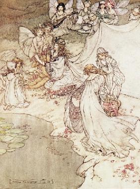Illustration of Fairy Tale, Fairy Queen Covering a Child with Blossom
