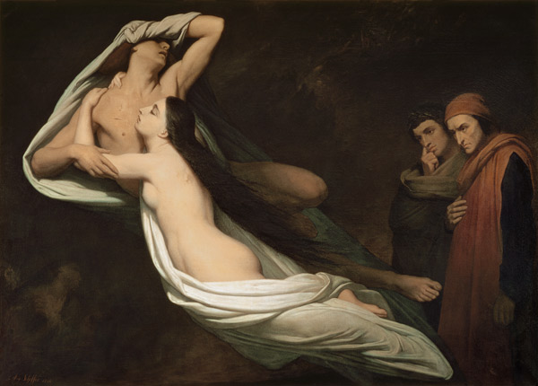 The figures of Francesca da Rimini and Paolo da Verrucchio appear to Dante and Virgil, illustration à Ary Scheffer