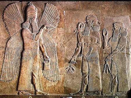 Frieze depicting a winged spirit, a sargon or priest carrying a gazelle and a worshipper carrying a à Assyrien