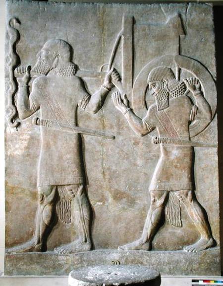 Relief depicting two soldiers carrying the king's war chariot, from the Palace of Sargon II, Khorsab à Assyrien