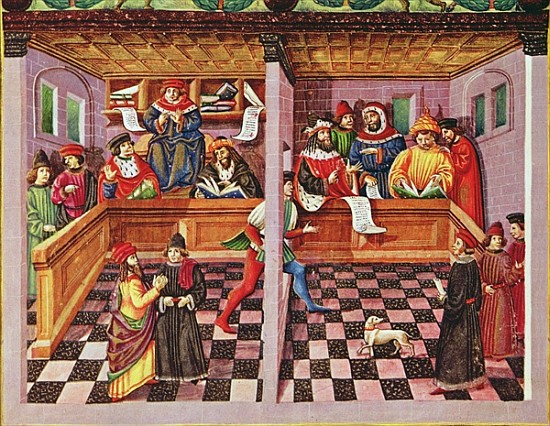 Ms Lat. 209 fol.8v Tribunal of the Scientists, from ''De Sphaera'', c.1470 à (attribué à) Cristoforo De Predis