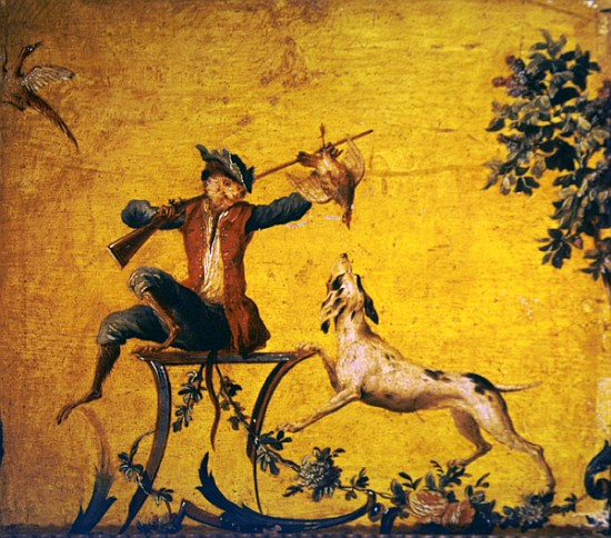 Monkey hunter and hunting dog (painted wood) à (attribué à) Christophe Huet