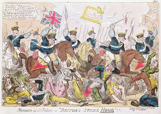 Massacre at St. Peter''s, or ''Britons Strike Home'', pub.  By Thomas Tegg, 1819(b&w photo) à (attribué à) George Cruikshank