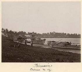 Boats carrying rice on the River Thanlwin, Mupun district, Moulmein, Burma, late 19th century