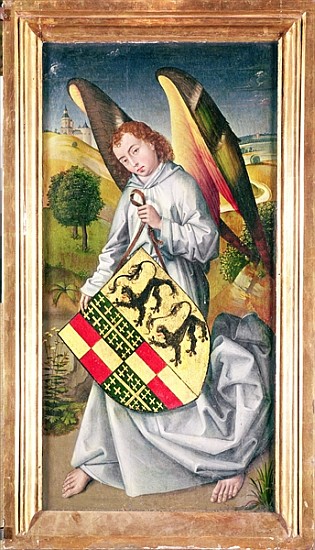 Angel holding a shield with the heraldic arms of de Chaugy and Montagu families with the two leopard à (attribué à) Rogier van der Weyden
