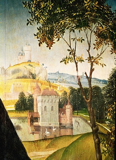 Landscape with castle in a moat and two swans, 1460-66 (detail of 344036) à (attribué à) Rogier van der Weyden
