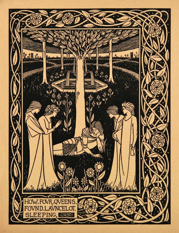 How Four Queens Found Lancelot Sleeping. Illustration to the book "Le Morte d'Arthur" by Sir Thomas  à Aubrey Vincent Beardsley
