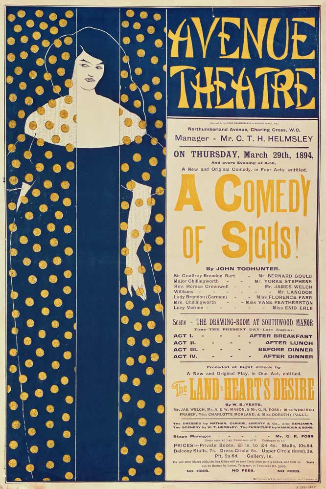 Poster advertising 'A Comedy of Sighs', a play by John Todhunter à Aubrey Vincent Beardsley