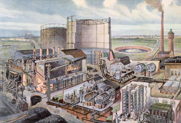 Cross section of a gas factory (colour engraving) à August Dressel