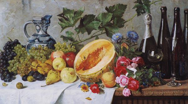 nature morte de fruit avec des raisins, poires, pommes et melon, ainsi que bouteilles de vin