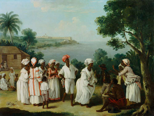Dance des indigènes sur l'île Dominica, dans l'arrière-plan le fort Young à Augustin Brunais