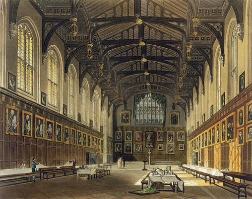Interior of the Hall of Christ Church, illustration from the 'History of Oxford' engraved by J. Bluc à Augustus Charles Pugin