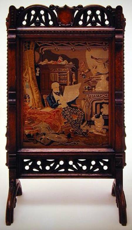 Fire screen with a tapestry depicting a gentleman reading in his drawing room à Augustus Welby Northmore Pugin