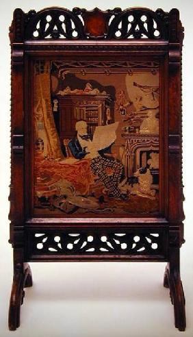 Fire screen with a tapestry depicting a gentleman reading in his drawing room