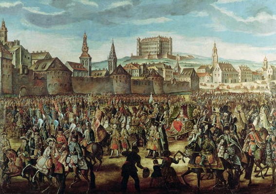 The Arrival of Empress Maria Theresa of Austria (1717-80) at Pressburg (Bratislava) on 25th August 1 à Ecole Autrichienne, (18ème siècle)