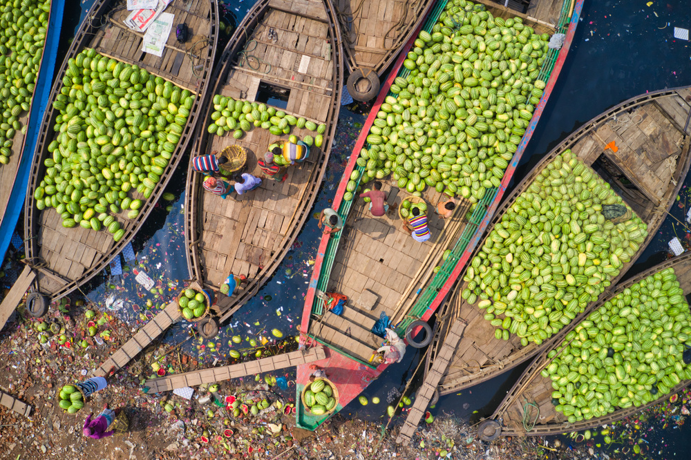 Workers unload watermelons from the boats using big baskets à Azim Khan Ronnie