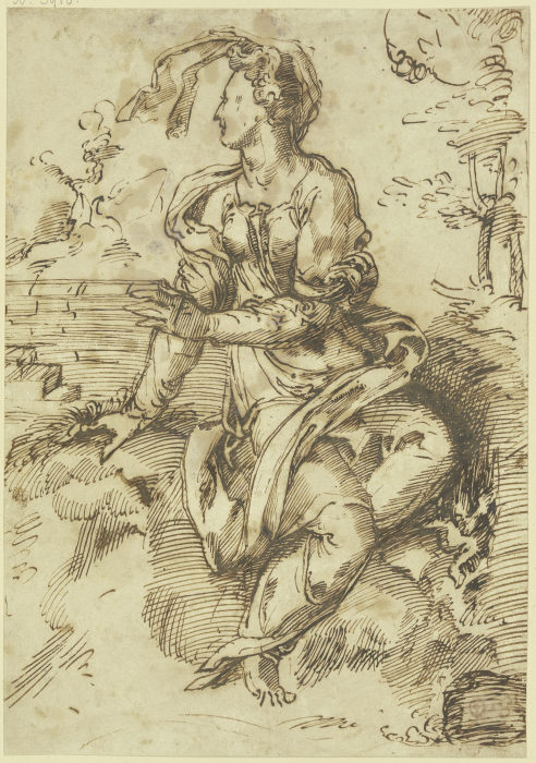 Sitzende Frau mit fliegendem Schleier in einer Landschaft nach links gewandt à Baccio Bandinelli