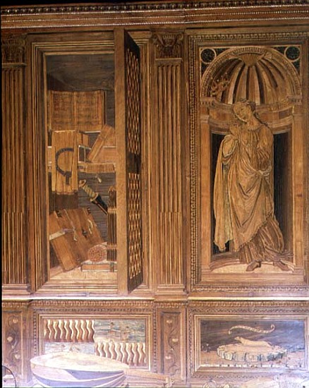 The Study of Federigo da Montefeltro, Duke of Urbino: intarsia panelling depicting (L) an open cupbo à Baccio Pontelli