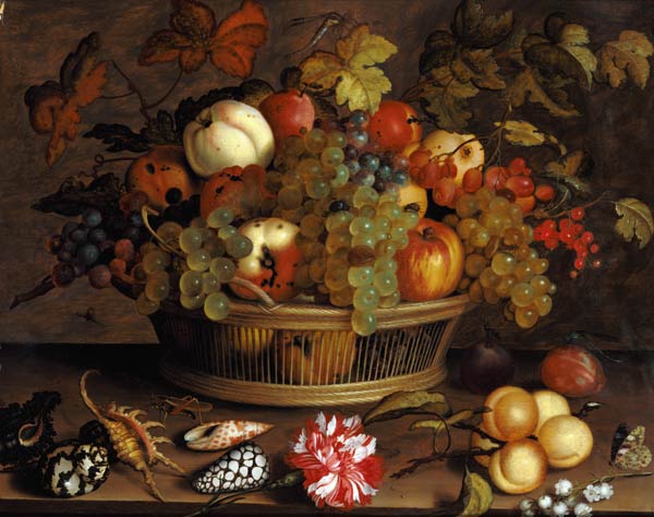 nature morte avec des raisins, pommes, pêche, prunes et fleurs à Balthasar van der Ast
