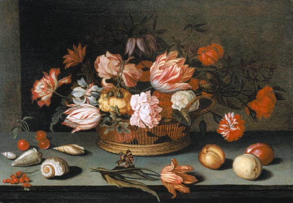 nature morte avec des fleurs, fruits, coquilles et papillon à Balthasar van der Ast