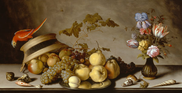 Stilleben mit Birnen, Pfirsichen, Äpfeln auf Zinnplatte à Balthasar van der Ast
