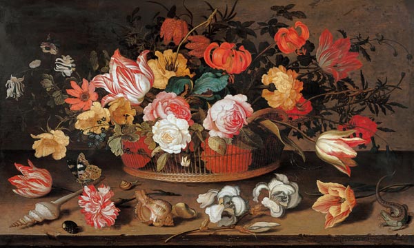 Roses, tulipes, Lis et d'autres fleurs dans un panier. à Balthasar van der Ast