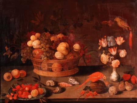 A Still Life of Peaches, Apples and Grapes in a Wicker Basket, Flowers in a Chinese Vase and Two Par à Balthasar van der Ast
