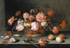 nature morte avec des fleurs, fruits, coquilles et papillon