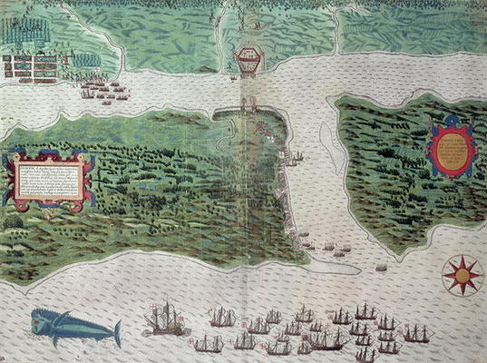 Map depicting the destruction of the Spanish colony of St. Augustine in Florida on 7th July 1586 by à Baptista Boazio