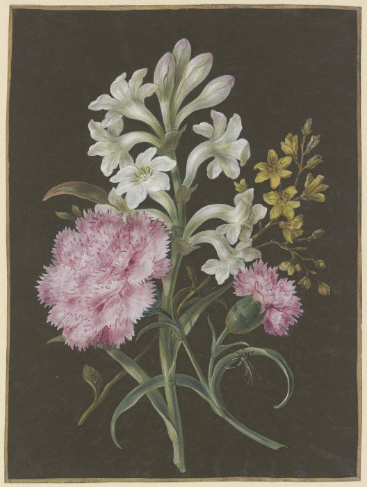 Gesteck aus Tuberose (Polyanthes), rosa Nelke (Dianthus) und gelber Blume mit Fliege à Barbara Regina Dietzsch