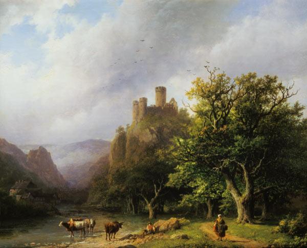 Paysage de fleuve avec la ruine du château