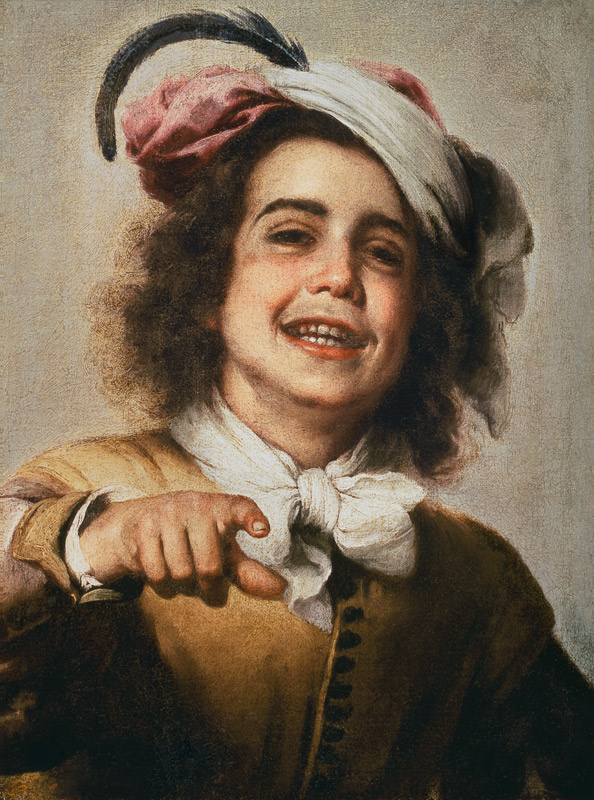 Garçon riant avec un chapeau à plumes à Bartolomé Esteban Perez Murillo