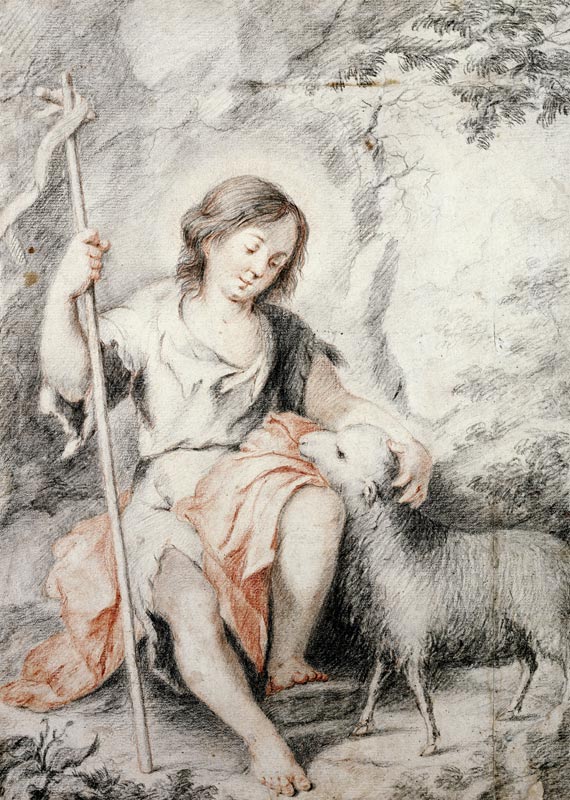 The Young John the Baptist with the Lamb in a Rocky Landscape (red and black chalk on paper) à Bartolomé Esteban Perez Murillo