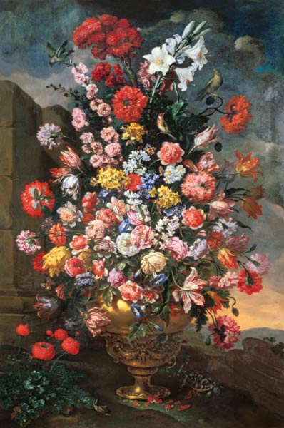 Lilies, Tulips, Carnations, Peonies,  Convolvuli And Other Flowers In A Bronze Urn With Birds, A Tor à Bartolomeo del(Il Bimbi) Bimbo