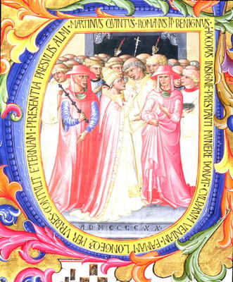 Ms 557 f.61v Historiated initial 'U' depicting Pope Martin V (1368-1431) concecrating the Church of à Bartolomeo di Frusino