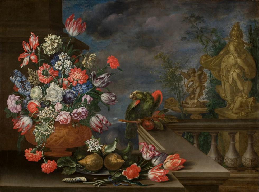 Stillleben mit Blumenvase, Zitrusfrüchten, Papagei und Brunnenskulptur à Bartolomeo Ligozzi