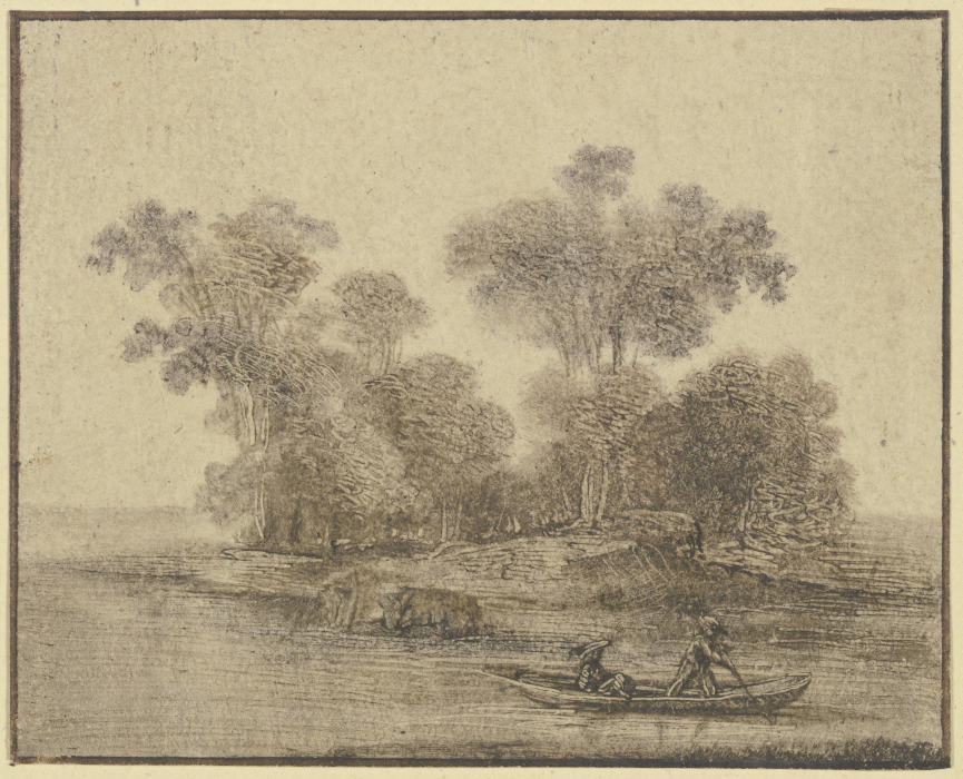 Ein Kahn mit einem stehenden und einem sitzenden Mann vor einer bewaldeten Insel à Benjamin Calau