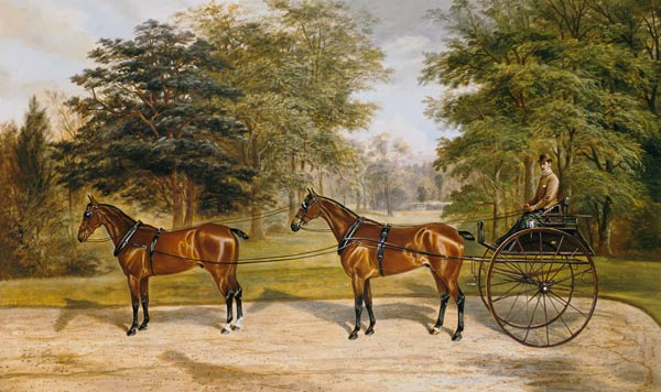 Two horses, harnessed in tandem, pulling a carriage à Benjamin Cam Norton