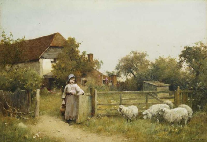 Junges Mädchen mit Schafen vor Hütte. à Benjamin D. Sigmund