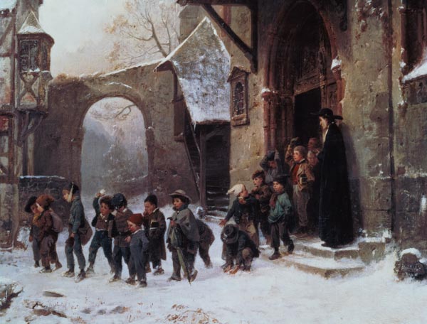 Snow Scene: Children Leaving School à Benjamin Vautier