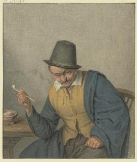 Nachdenkender Bauer an einem Tische sitzend, die Pfeife in der Hand haltend
