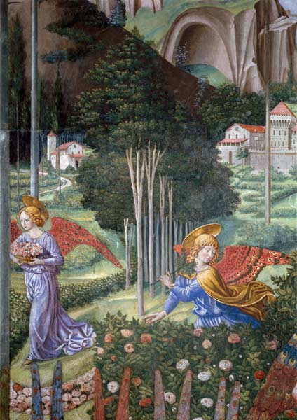 Angel gathering flowers in a heavenly landscape, detail from the Journey of the Magi cycle in the ch à Benozzo Gozzoli