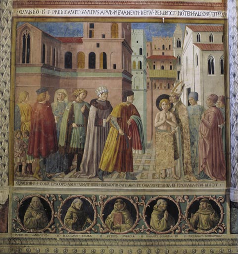 Der Heilige Franz von Assisi sagt sich von seinem Vater los und begibt sich in den Schutz des Bischo à Benozzo Gozzoli