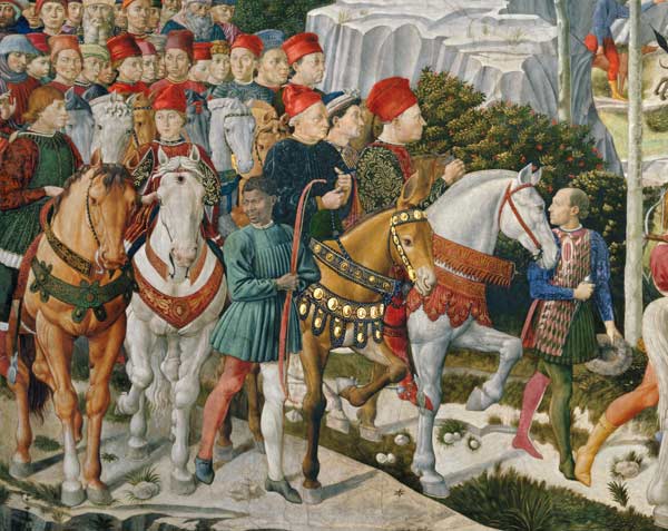 Galeazzo Maria Sforza, Duke of Milan (1444-76), extreme left, on a brown horse and Sigismondo Pandol à Benozzo Gozzoli