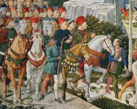 Galeazzo Maria Sforza, Duke of Milan (1444-76), extreme left, on a brown horse and Sigismondo Pandol