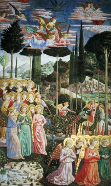 Angels in a heavenly landscape, the left hand wall of the apse from the Journey of the Magi cycle in à Benozzo Gozzoli