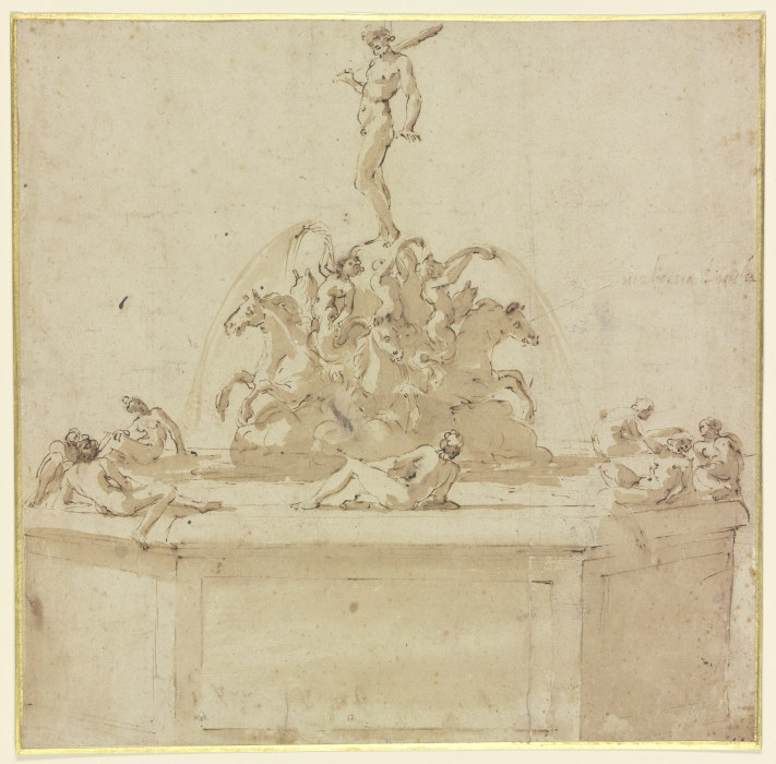 Ein Brunnen, über einer Gruppe von auf Pferden reitenden Tritonen steht Herkules, auf dem Brunnenran à Benvenuto Cellini