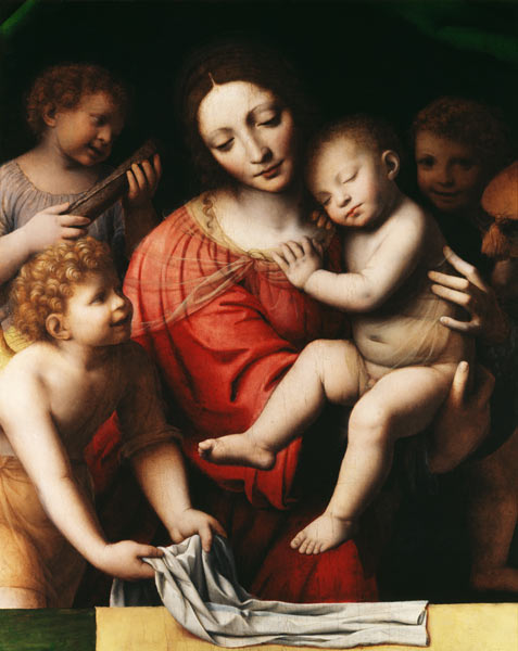 The sleeping Jesus, or Madonna holding the sleeping Child, accompanied by three angels à Bernardino Luini