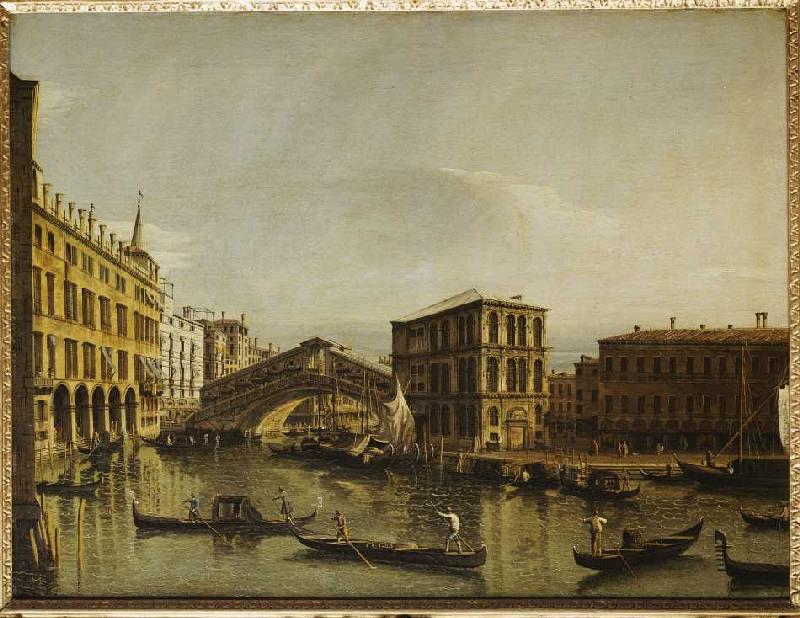 Der Canal Grande in Venedig mit dem Fondaco dei Tedeschi, der Rialtobrücke, dem Palazzo dei Camerlen à Bernardo Bellotto